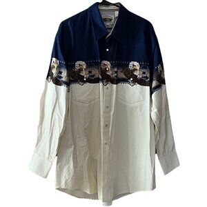 Cumberland Outfitters Men's XXL Pearl Snap Aztec Eagle Western Shirt Ivory Navy